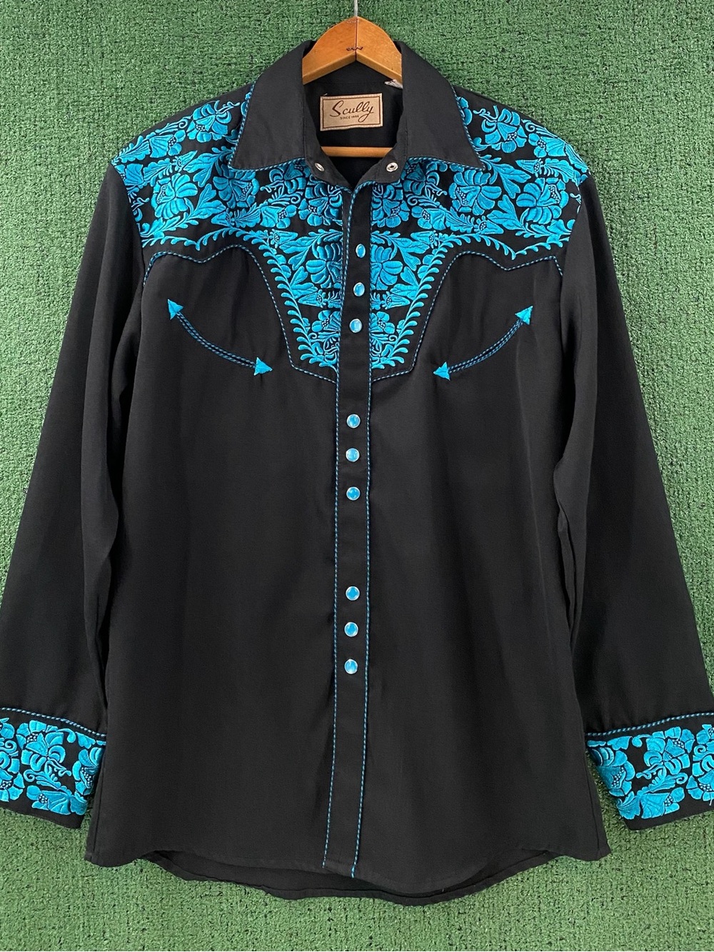 Scully Western Embroidered Floral Smile Black  Turquoise Pearl Snap Shirt Small